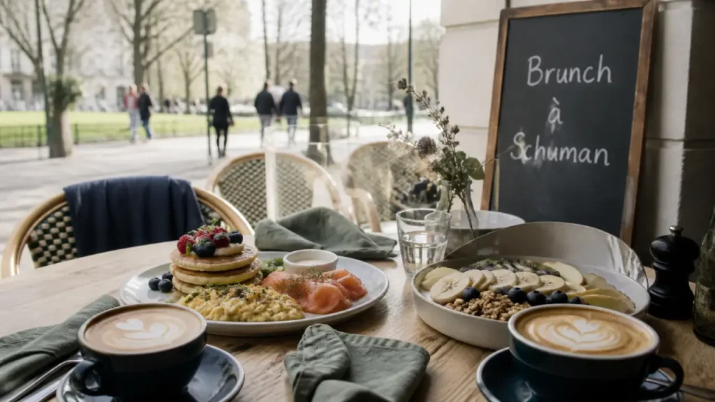 Brunch quartier europeen bruxelles sur terrasse : assiettes et cafés latte art