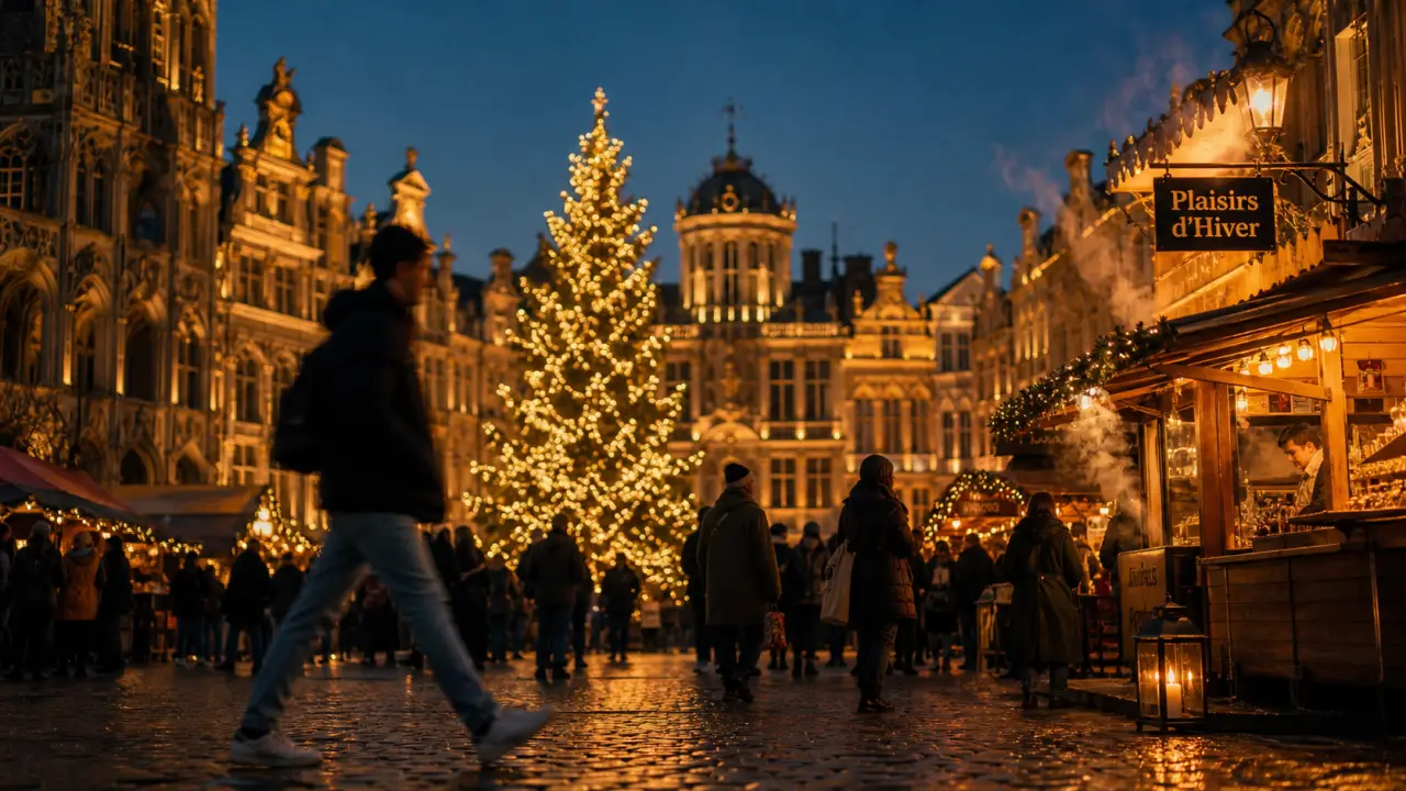 Bruxelles grand place noel : sapin illuminé et chalets sur la Grand-Place