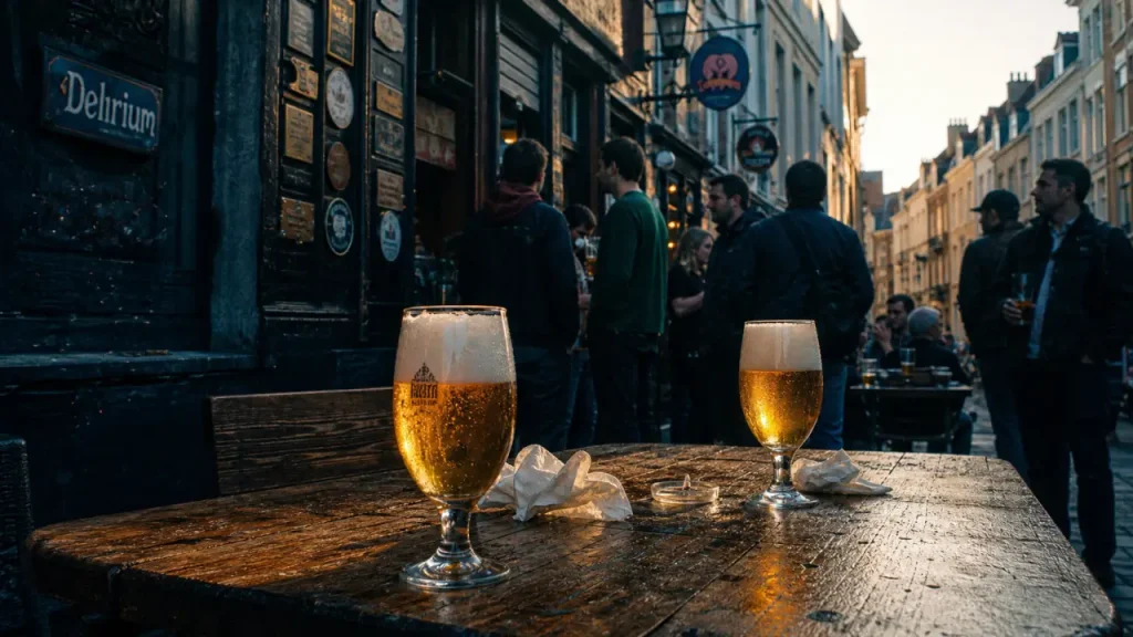 delirium bruxelles : bière blonde dans une impasse animée, verres et foule