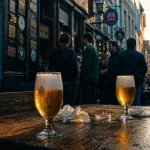 delirium bruxelles : bière blonde dans une impasse animée, verres et foule