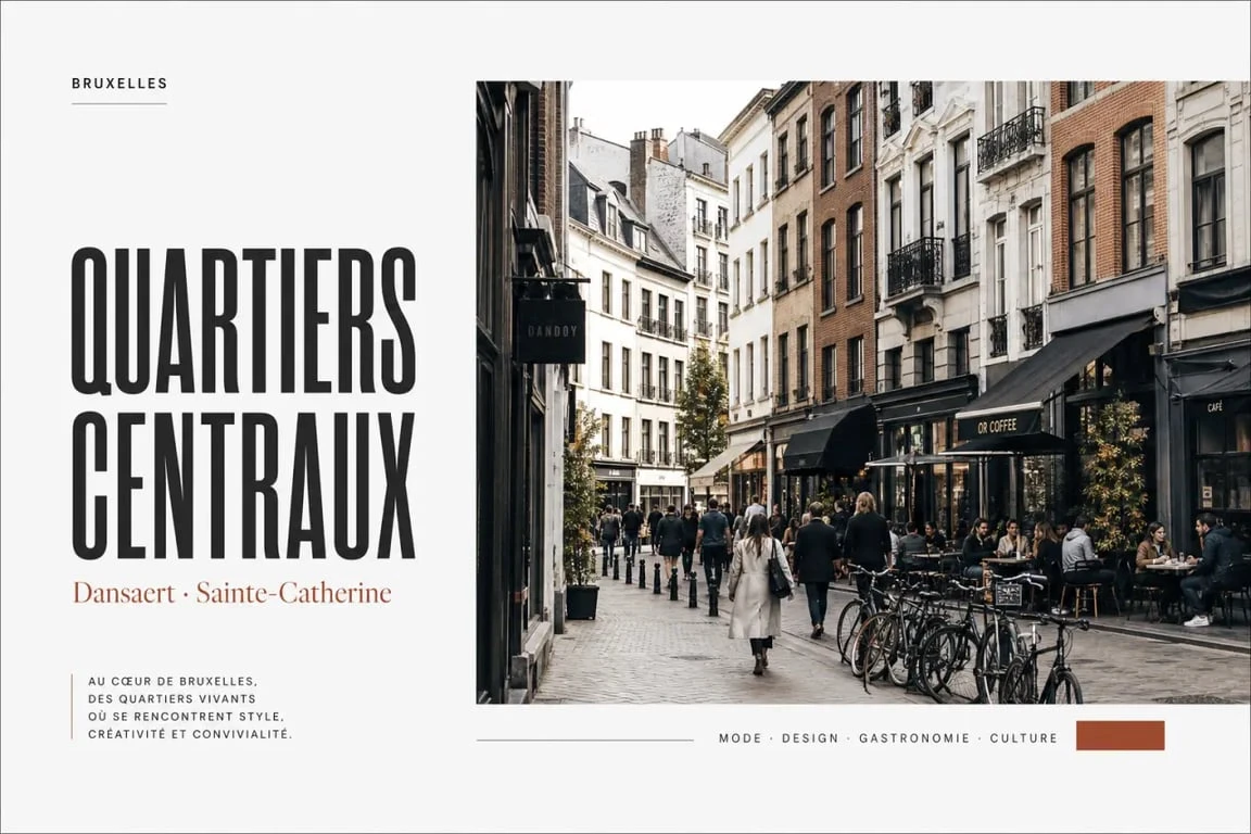 Bruxelles quartiers : rue animée de Dansaert avec terrasses et commerces au centre de Bruxelles