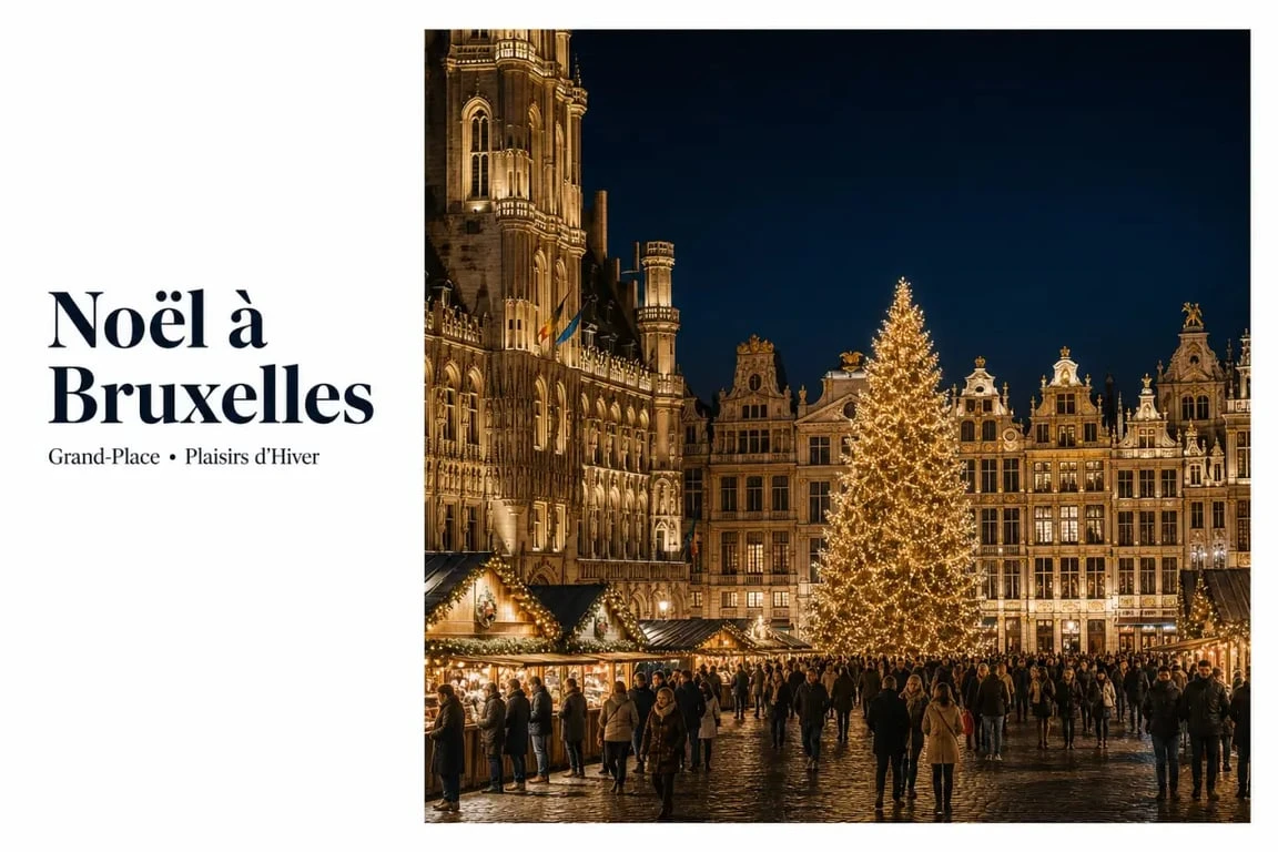 Bruxelles grand place noel : la Grand-Place illuminée pendant Plaisirs d’Hiver avec sapin et chalets
