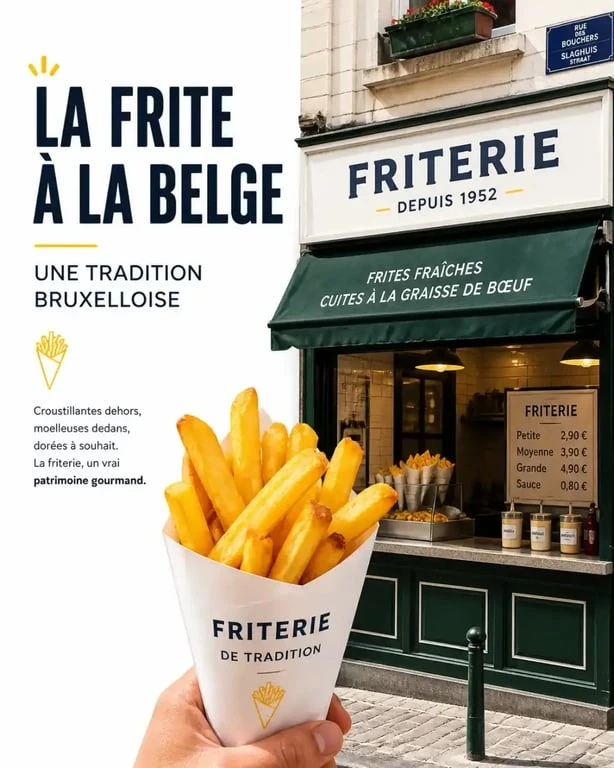 Friterie traditionnelle à Bruxelles, le lieu incontournable pour déguster des frites belges authentiques.