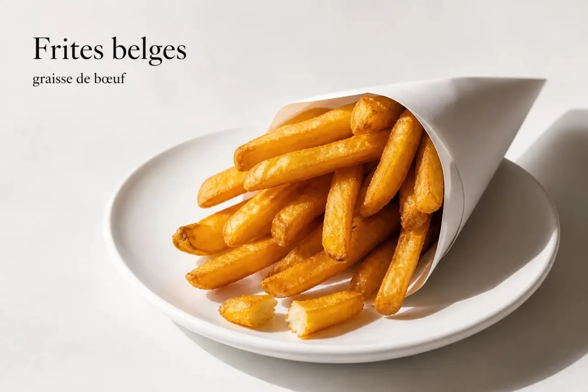 Frite belge graisse de boeuf servie chaude et dorée, croustillante et moelleuse