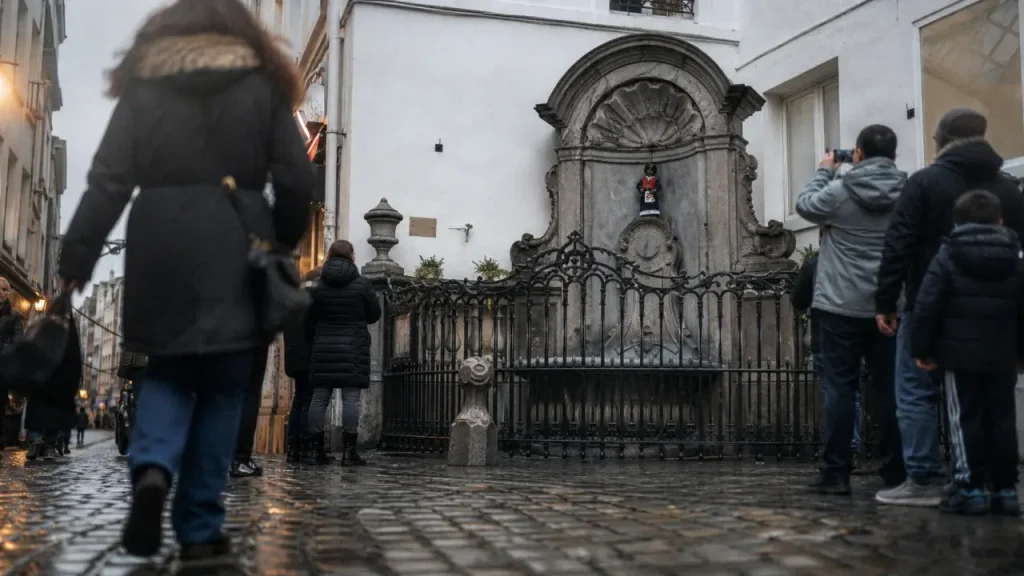 Manneken pis bruxelles : statue 55 cm près de la fontaine, visiteurs autour.