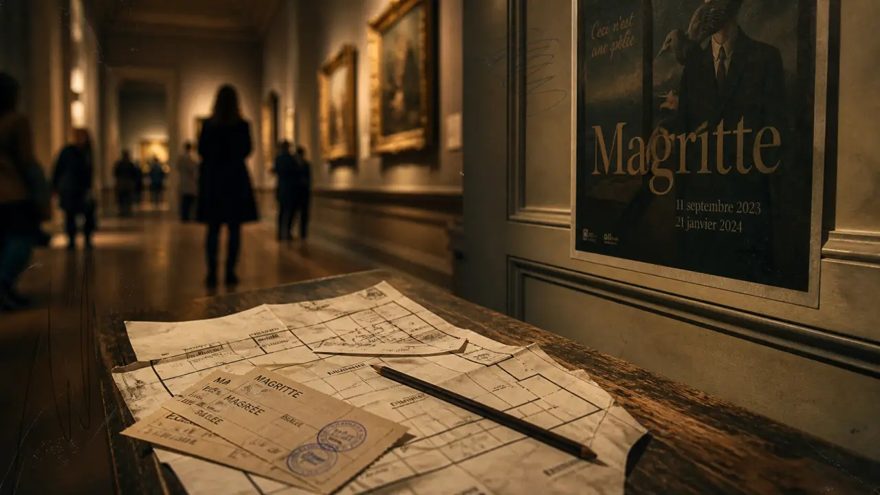 Musées royaux des beaux arts bruxelles : billets et crayon devant une exposition Magritte
