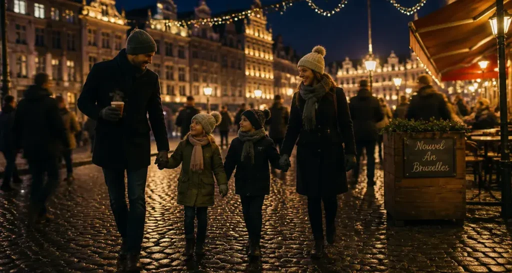 Nouvel an à Bruxelles en famille, famille marche près de la Grand-Place au soir