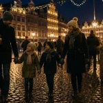 Nouvel an à Bruxelles en famille, famille marche près de la Grand-Place au soir