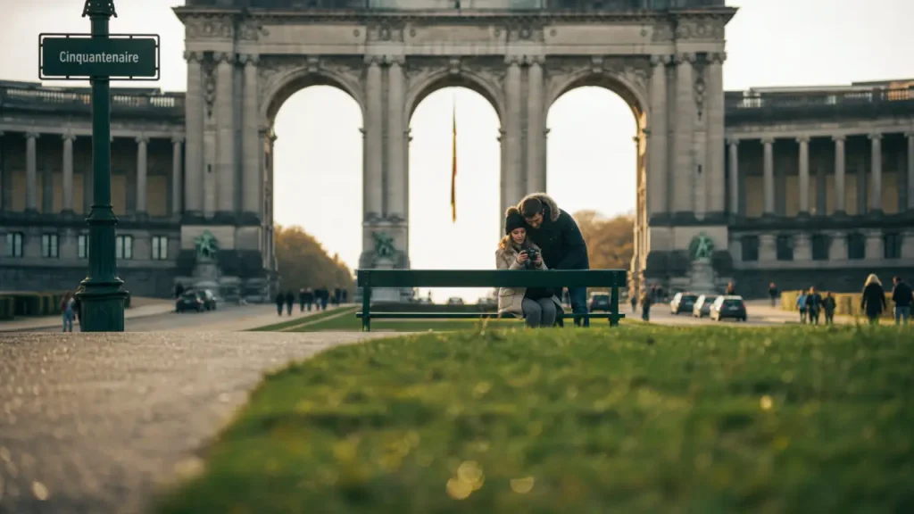 Parc a visiter bruxelles : Cinquantenaire, arcades et banc