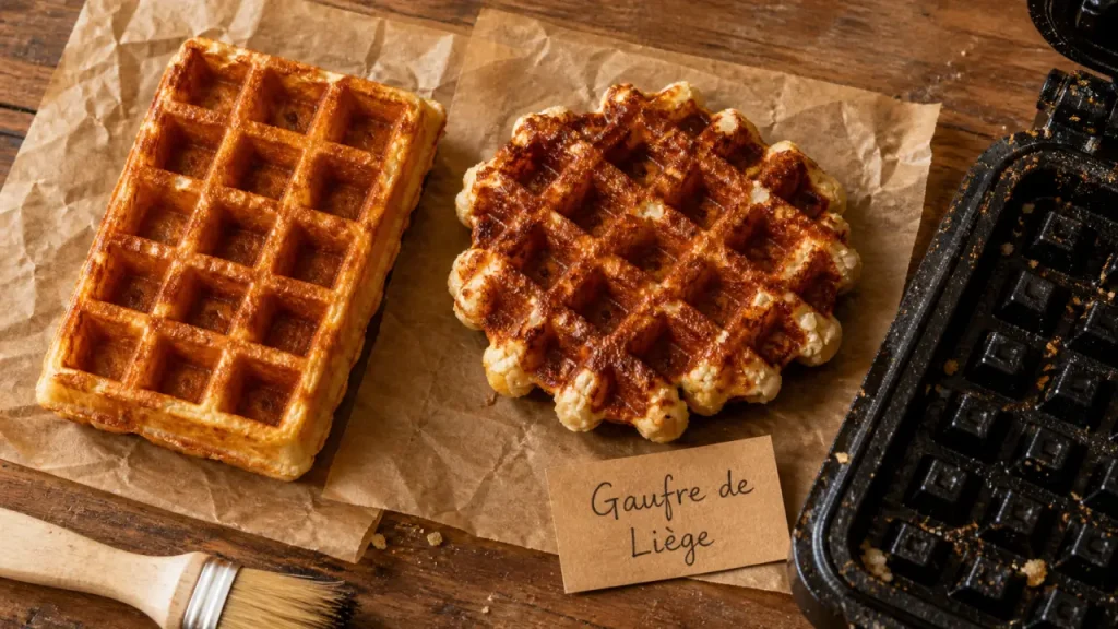 Type de gaufres : gaufres de Bruxelles et de Liège sur table en bois