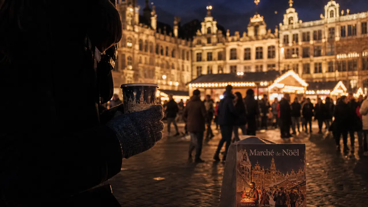 Visiter Bruxelles à Noël : silhouette avec chocolat chaud sur la Grand-Place