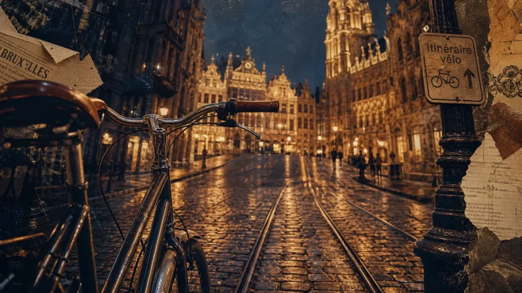 Visiter Bruxelles a velo sur pavés mouillés, rails de tram et Grand-Place