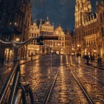 Visiter Bruxelles a velo sur pavés mouillés, rails de tram et Grand-Place