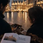 Visiter Bruxelles en amoureux : Grand-Place illuminée, couple sur pavés mouillés