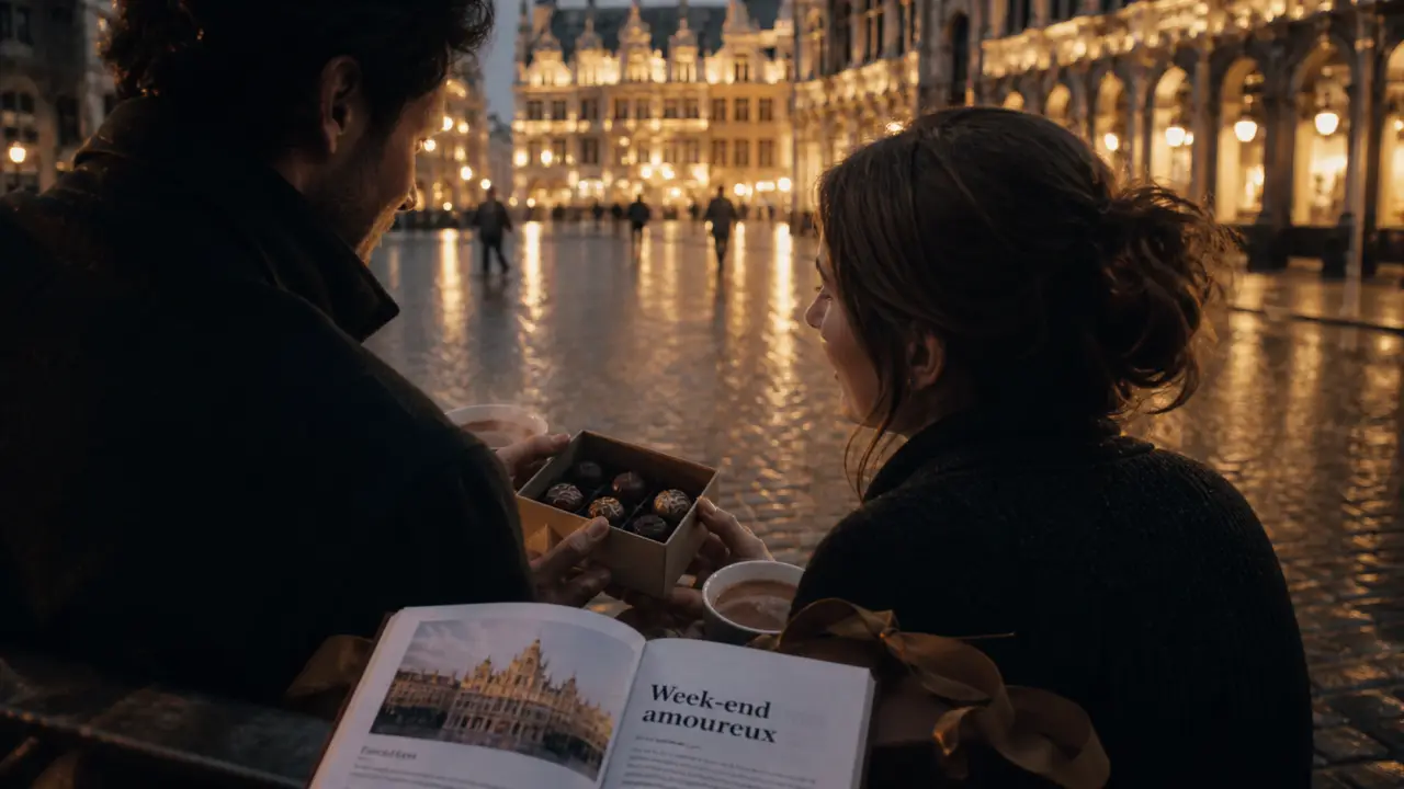 Visiter Bruxelles en amoureux : Grand-Place illuminée, couple sur pavés mouillés