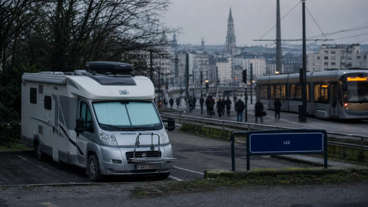 Visiter bruxelles en camping car : camping-car près du tram et panneau LEZ