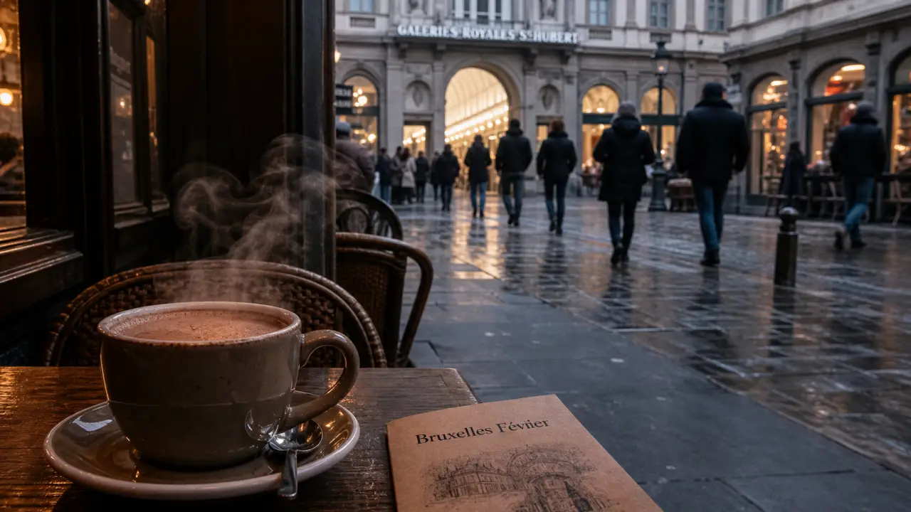 Visiter Bruxelles en février : chocolat chaud fumant près des Galeries Royales Saint-Hubert