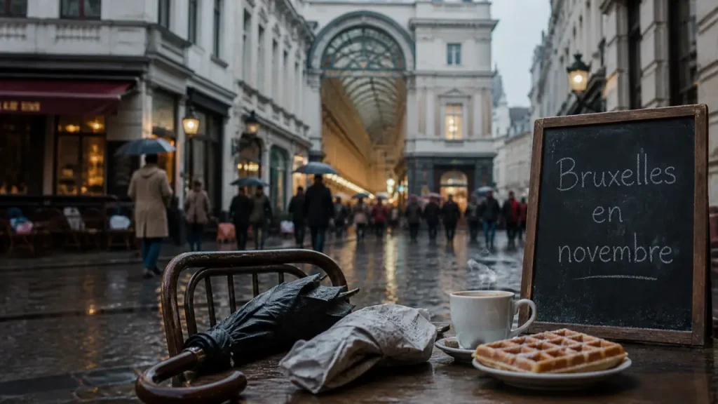 Visiter Bruxelles en novembre sous ciel gris : café près des Galeries Saint-Hubert