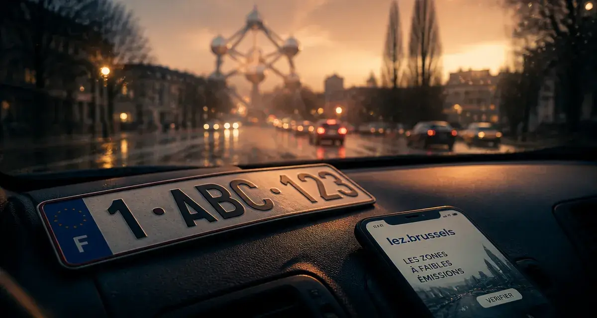 Visiter Bruxelles en voiture : LEZ sur smartphone, Atomium en arrière-plan