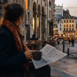 Visiter Bruxelles seule : voyageuse près du Mont des Arts, chocolat chaud