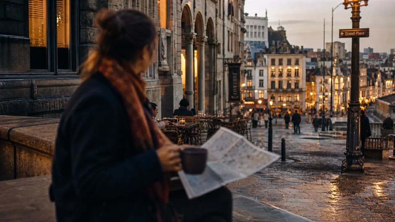 Visiter Bruxelles seule : voyageuse près du Mont des Arts, chocolat chaud
