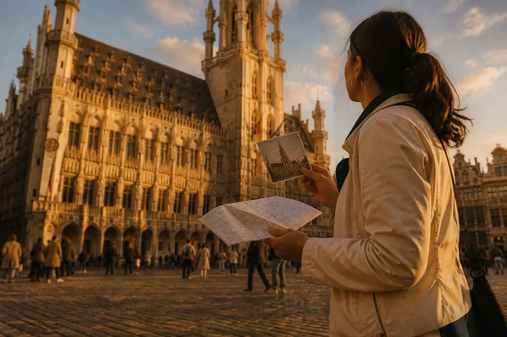Visiter hotel de ville bruxelles, vue depuis la rue pavée à la Grand-Place