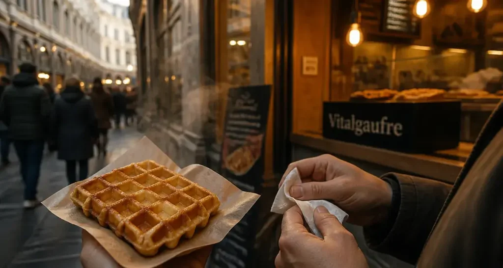 Vitalgaufre Brussels : gaufre bruxelloise croustillante, rue commerçante à Bruxelles