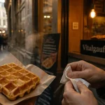 Vitalgaufre Brussels : gaufre bruxelloise croustillante, rue commerçante à Bruxelles