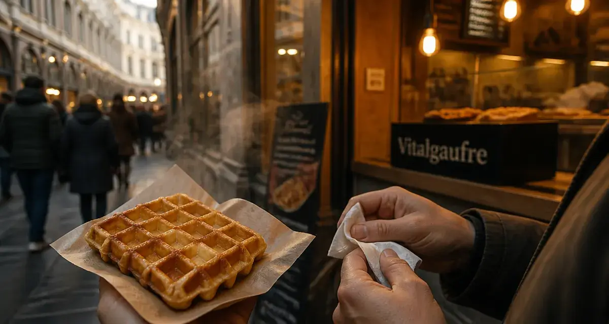Vitalgaufre Brussels : gaufre bruxelloise croustillante, rue commerçante à Bruxelles