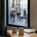Aparthotel grand place bruxelles : table avec cafetière et tasses, studio proche Grand-Place