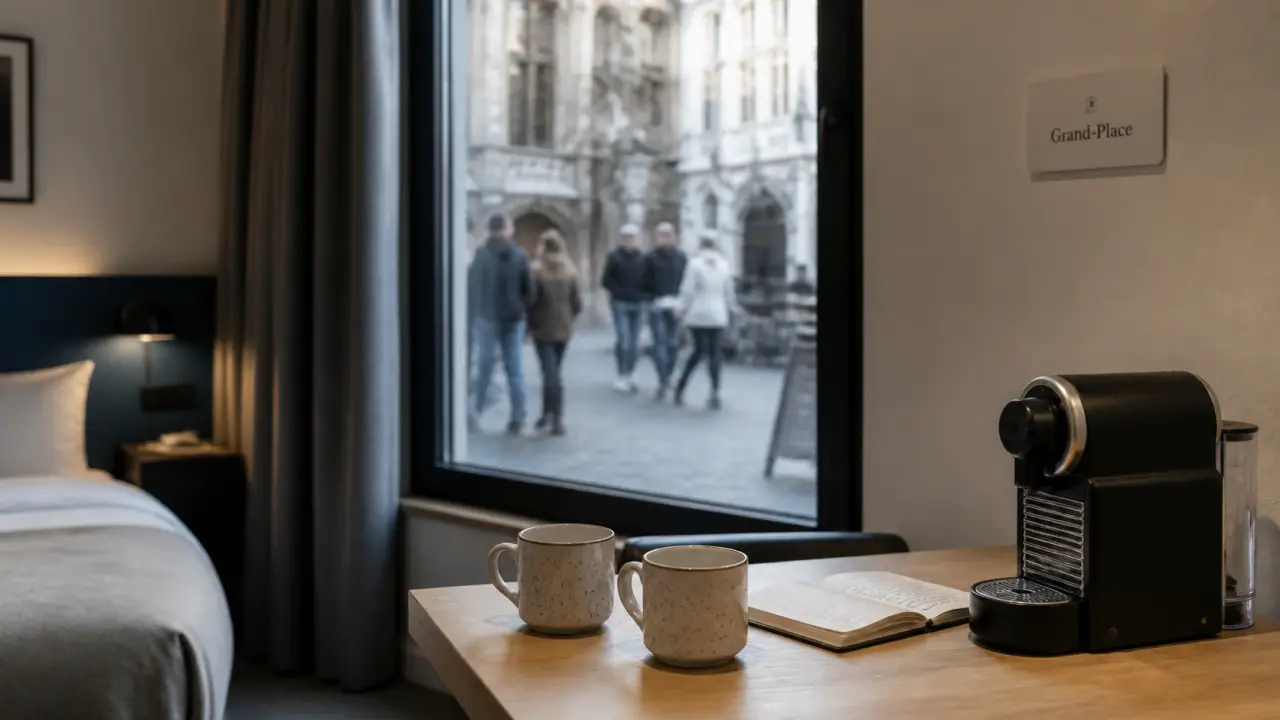 Aparthotel grand place bruxelles : table avec cafetière et tasses, studio proche Grand-Place
