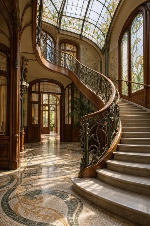 Quartier art nouveau Bruxelles : intérieur Art nouveau du Musée Horta avec verrière et mosaïques