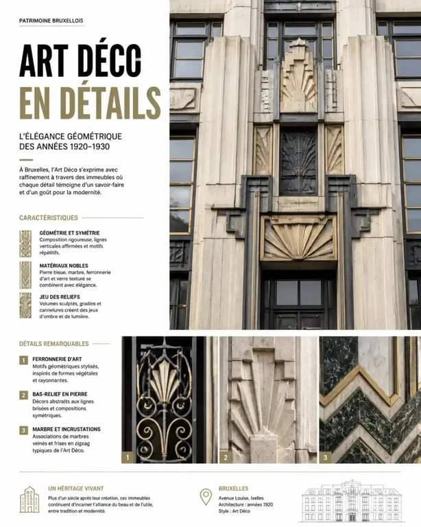 Détails géométriques d'une façade Art Déco à Bruxelles.