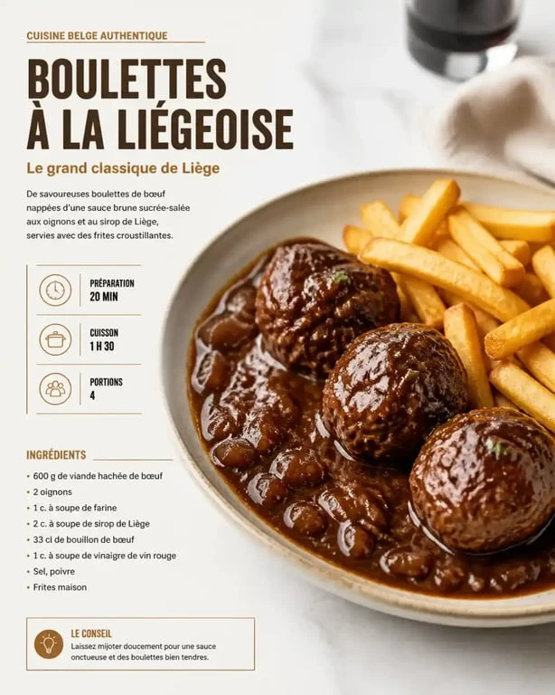 Boulettes à la liégeoise, plat typique pour un restaurant pas cher à Bruxelles