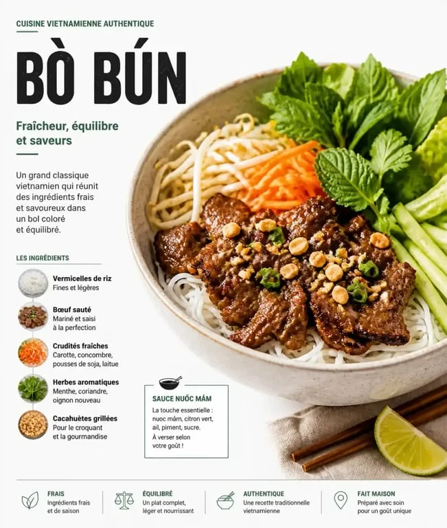 Bò Bún vietnamien fait maison, plat emblématique des restaurants vietnamiens à Bruxelles
