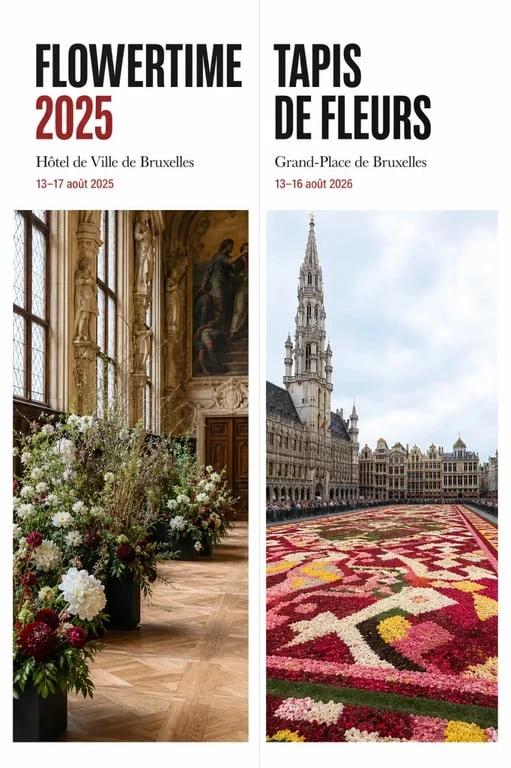 grand place bruxelles fleurs 2025 : comparaison entre Flowertime à l’Hôtel de Ville et le Tapis de fleurs sur la Grand-Place