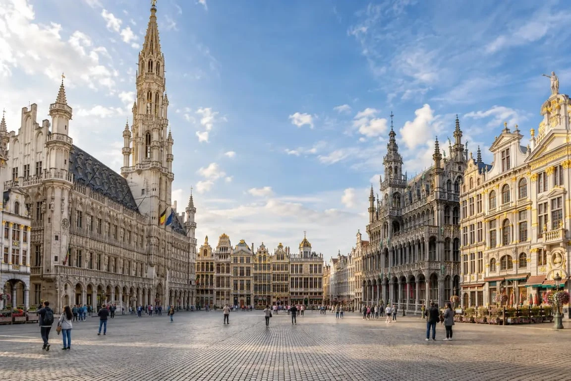 Grand-Place de Bruxelles aujourd’hui avec l’Hôtel de Ville et les maisons de corporations