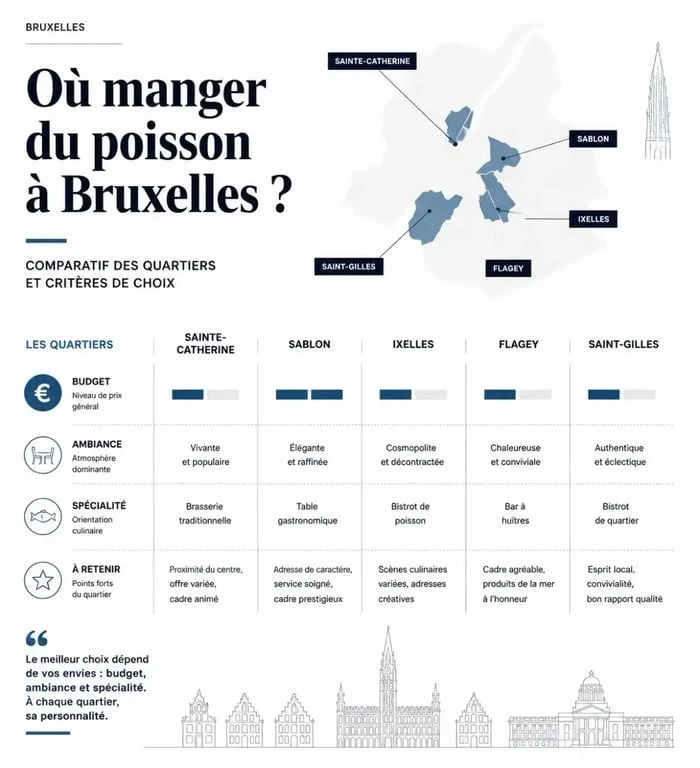 restaurants poissons bruxelles : comparaison visuelle des quartiers, budgets et spécialités à Bruxelles