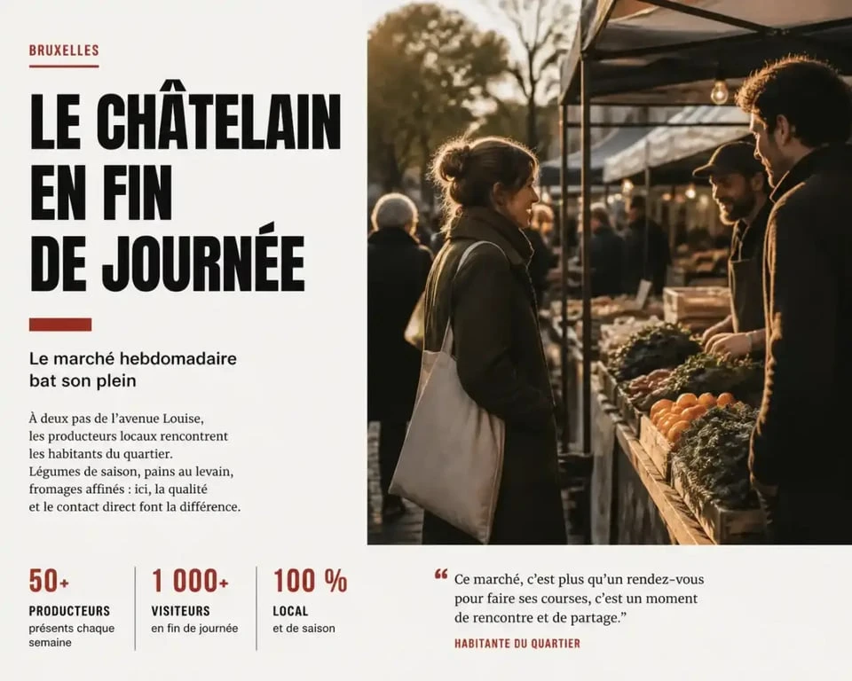 Marché hebdomadaire du quartier du Châtelain à Bruxelles animé en fin de journée