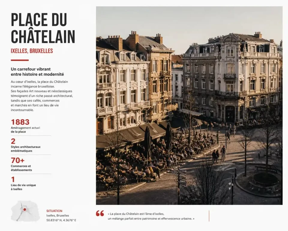 Place du quartier du Châtelain à Bruxelles avec façades Art nouveau et terrasses de café