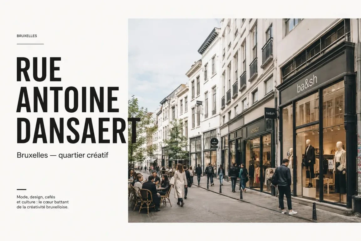 Quartier Dansaert Bruxelles : vue urbaine de la rue Antoine Dansaert avec cafés, boutiques et ambiance piétonne