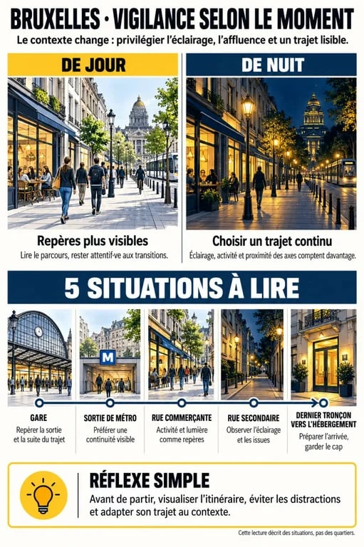 Infographie sur les facteurs de vigilance dans un quartier Bruxelles dangereux selon l’horaire et le trajet