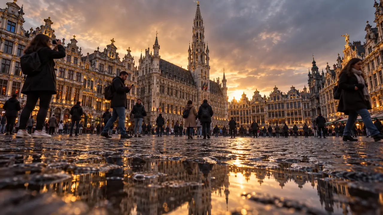Grand place bruxelles aujourd’hui : vue avec Hôtel de Ville et flèche