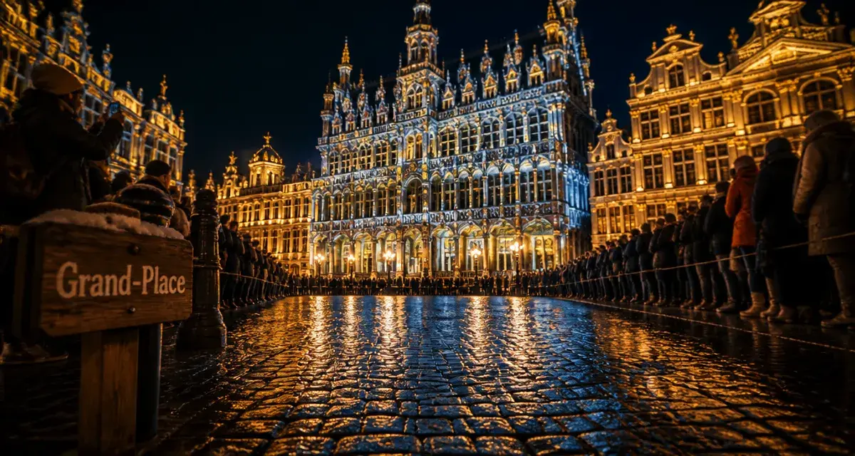 Illumination grand place bruxelles, façade éclairée et file de spectateurs