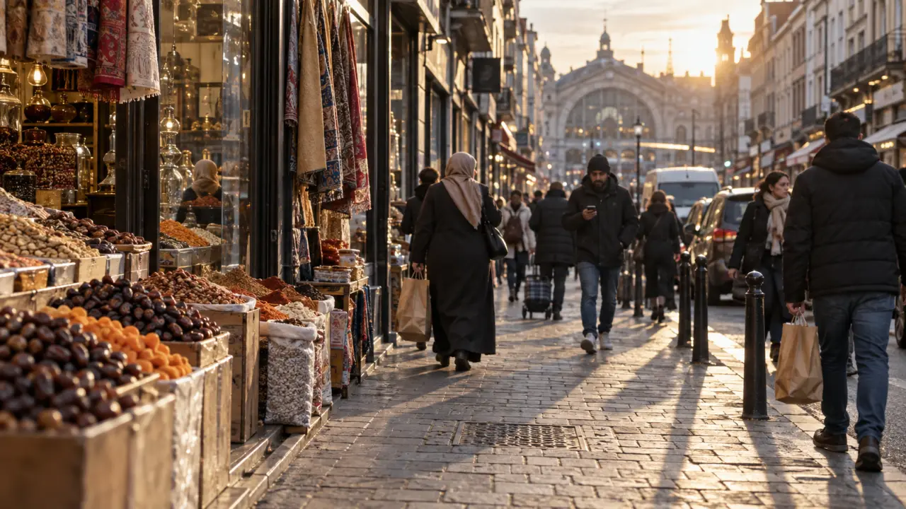 Quartier arabe bruxelles, rue de Brabant commerçante : vitrines et étals près de la gare du Nord