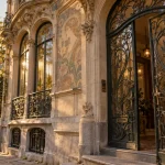 Quartier art nouveau bruxelles : façade Art nouveau au golden hour avec vitraux et ferronnerie