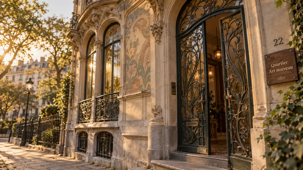 Quartier art nouveau bruxelles : façade Art nouveau au golden hour avec vitraux et ferronnerie
