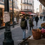 Quartier flagey bruxelles, vue depuis le trottoir vers la place Eugène Flagey, marché et terrasses