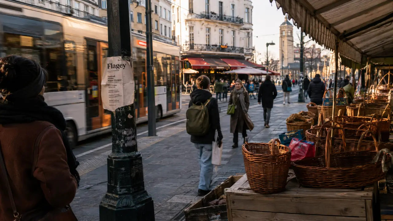 Quartier flagey bruxelles, vue depuis le trottoir vers la place Eugène Flagey, marché et terrasses