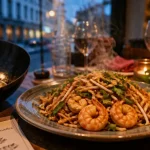 Restaurants thailandais bruxelles : Pad Thaï fumant, crevettes et germes de soja